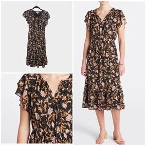 NEW Les Serein Carissa Garden Black Floral Flutter Sleeve Midi Dress, XS